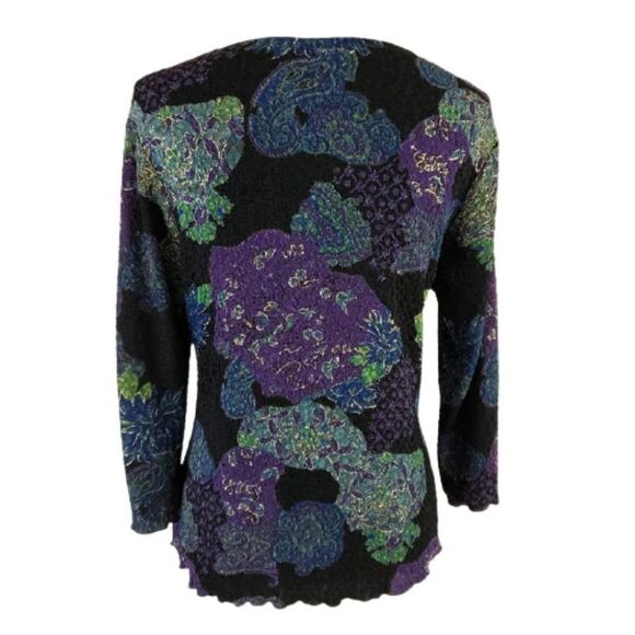 West End Black Blouse Multicolor Floral Scalloped Edges Metallic Size Medium - Picture 4 of 9